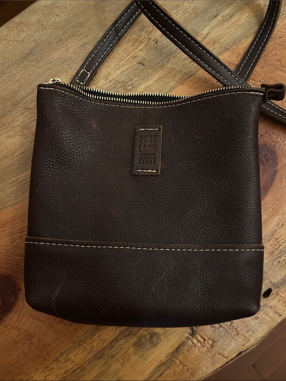 Portland Leather Dark Brown Pebbled Leather Festival Bag in Cognac